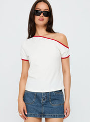 Kelsa Off Shoulder Contrast Trim Top White / Red