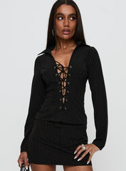 Feminique Tie Up Long Sleeve Top Black Stripe