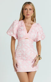 Diana Mini Dress - Jacquard Short Sleeve Cut Out Dress in Light Pink