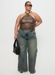 Treat You Better Ring Detail Faux Leather Top Brown Curve